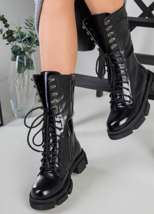 Ботинки женские зимние черные кожаные сапожки