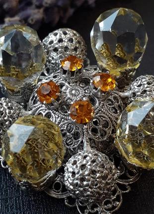 Чехия! 👑 винтаж брошь крест с огромными кристаллами филигранная скань шары старинная 1960-е годы антикварная брошка латунь серебрение10 фото