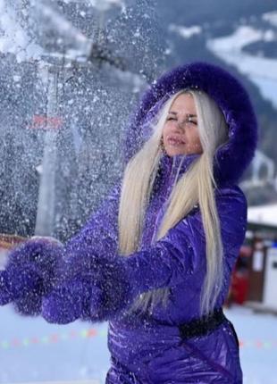 Комбинезон лыжный глянцевый с мехом + варежки + бананка5 фото