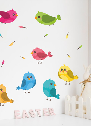 Вінілова інтер'єрна наклейка кольорова декор на стіну, шпалери та інші поверхні "птахи. кольорові