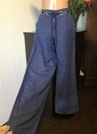 Синие классические широкие брюки льняные под zara