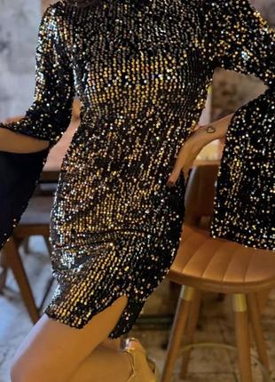 Вечірня сукня-кейп з золотистими пайєтками/паєтками блискуча рукав кльош розріз♥️святкова/нарядна//корпоратив/zara mango h&m4 фото