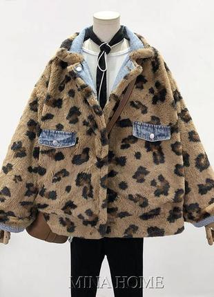 Куртка шубка двостороння джинсування плюш хутро тедді принт леопард