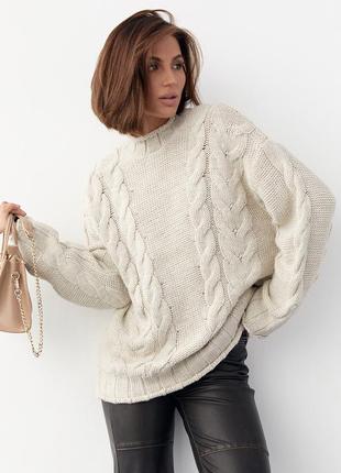 Вязаный свитер с косами oversize - бежевый цвет, l (есть размеры)6 фото