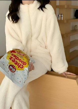 Махровая пижама кофта зиппер на молнии брюки свободные комплект серая белая одежда для дома для сна зимняя6 фото