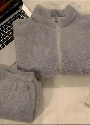 Махрова піжама кофта зіппер на блискавці штани вільні комплект сірий білий одяг для дому для сну зимова8 фото