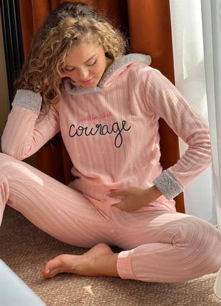 Жіноча тепла махрова зимова піжама з капюшоном, теплий домашній костюм