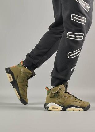 Шикарные мужские кроссовки "nike air jordan retro 6 x travis scott ‘olive’"9 фото