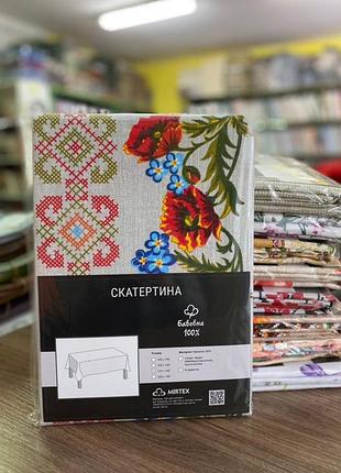 Скатертина принт маки галерея льону, український орнамент, вишивка, бавовна