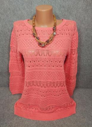 Натуральный ажурный джемпер свитер кофта розово-кораллового цвета 46 размера9 фото