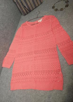 Натуральный ажурный джемпер свитер кофта розово-кораллового цвета 46 размера4 фото