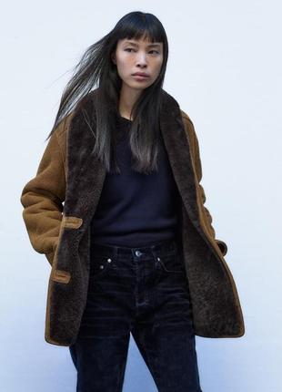 Вінтажна дублянка в стилі zara натуральна шкіра та хутро шоколадна