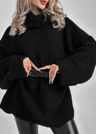 Теплый свитер из ангоры вязка свободного кроя удлиненный с горлом поясом1 фото