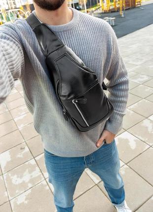 Мужская стильная и качественная сумка слинг cuba черная4 фото