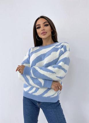 Теплый свитер с принтом зебры с добавлением нити травки1 фото