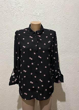 Черная рубашка в цветочный принт / женская рубашка черная в цветочек