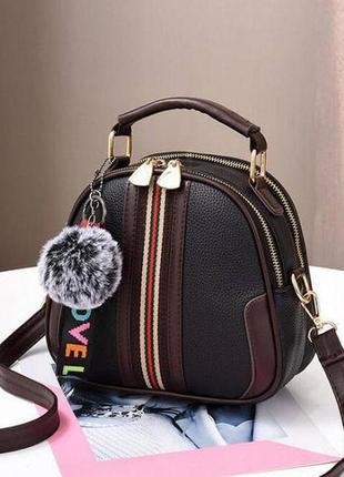 Женская маленькая сумочка с меховым брелком, мини-сумка с меховой подвеской, сумка эко кожа черный3 фото