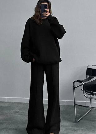 Костюм жіночий однонтонний теплий на флісі оверсайз світшот штани вільного крою на високій посадці якісний стильний чорний пляшка