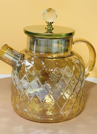 Скляний чайник бурштиновий ромбус 15001 фото