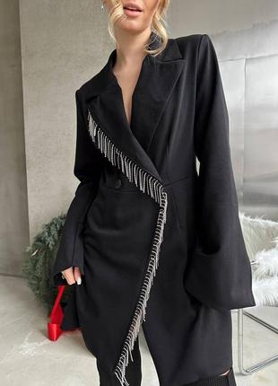 Изысканное платье-пиджак с бахромой из страз, праздничный сияющий пиджак с камнями3 фото