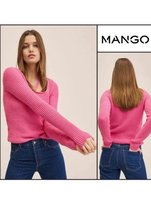 Трикотажний светр mango xs-s із зав'язками на шиї в'язаний жіночий рожевий джемпер пуловер лонгслів кофта блуза блузка жіноча