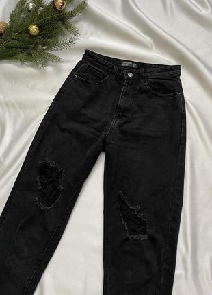 Жіночі джинси моми бойфренди,  чорні джинси з потертостями,2 фото