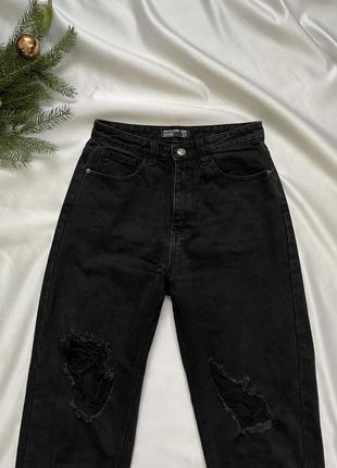 Женские джинсы момы бойфренды, черные джинсы с потертостями,3 фото