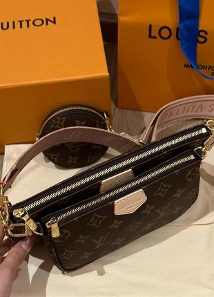 Женская коричневая кожаная сумка в стиле луи витон multi pochette мульти пошет 3 в 1 louis vuitton4 фото