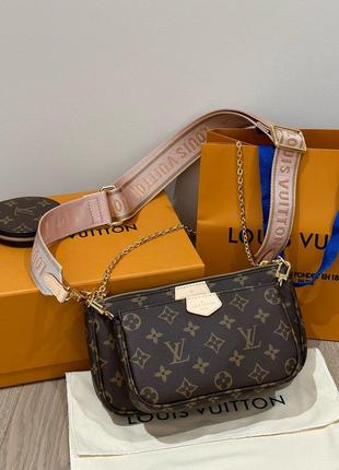 Женская коричневая кожаная сумка в стиле луи витон multi pochette мульти пошет 3 в 1 louis vuitton9 фото