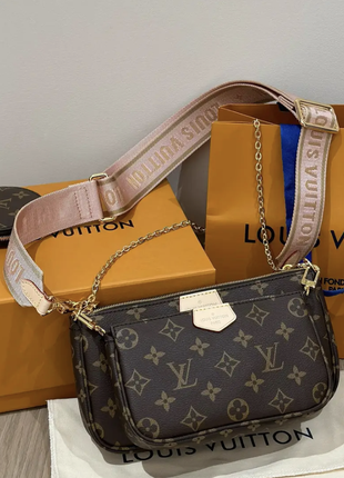 Женская коричневая кожаная сумка в стиле луи витон multi pochette мульти пошет 3 в 1 louis vuitton