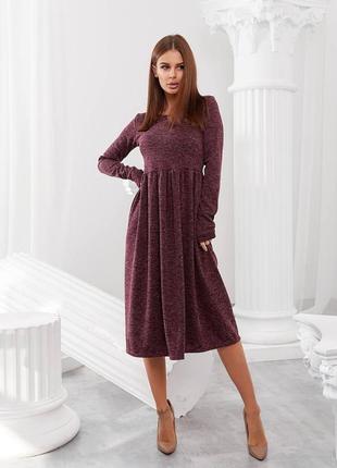 Тепла жіноча сукня xl із завищеною талією пишною спідницею розширеною до низу нижче колін розмір 48 50 сливова1 фото