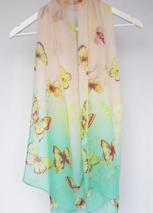 Шифоновый шарф в бабочки бежевый мятный цвета