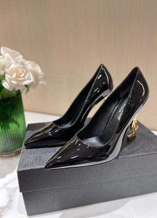 Женские черные туфи в стиле ysl opyum pumps на золотом каблуке кожа туфли yves saint laurent ив се7 фото