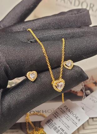 Набір пандрова срібло s925 ale оригінальна бирка намисто — золотое, з білим золотим камінням кулон кольє підвіска ланцюжок пусети — новий серце