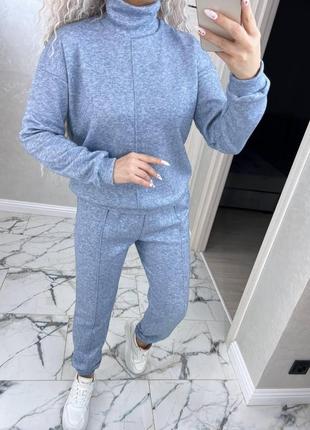 Женский теплый костюм под горло голубой однотонный костюм ангора комплект гольф и брюки большого размера8 фото