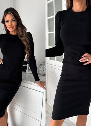 Елегантна трикотажна сукня в рубчик облягаюча чорна сукня жіноча з рукавом тепла сукня з начосом 40-42 44-46 48-50 52-54 розмір2 фото