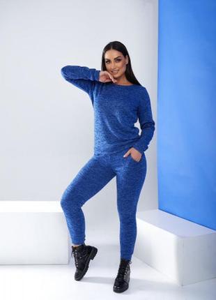 Спортивный женский костюм утепленный однотонный из ангоры прогулочный s m l xl 40-42 44-46 48-50 синий