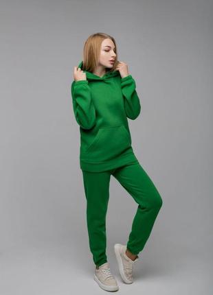 Женский флисовый спортивный костюм зимний зеленый комплект оверсайз худи + штаны на зиму (b)