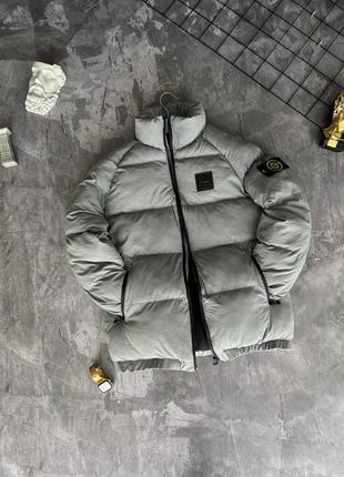 Мужская зимняя куртка stone island серая до -20*с дутая без капюшона пуховик стон айленд (b)2 фото