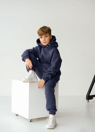 Детский флисовый спортивный костюм зимний графит комплект оверсайз худи + штаны на зиму (b)3 фото