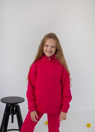 Дитячий флісовий спортивний костюм зимовий малиновий комплект оверсайз худі + штани на зиму (b)3 фото