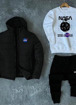 Мужской зимний спортивный костюм + куртка nasa черно-белый с капюшоном комплект наса (b)