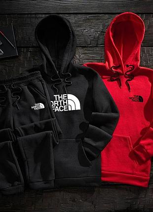 Мужской зимний спортивный костюм the north face черный с красным набор худи + худи + штаны тнф (b)