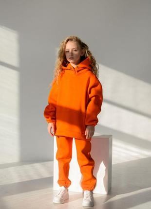 Дитячий флісовий спортивний костюм зимовий помаранчевий комплект оверсайз худі + штани на зиму (b)
