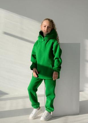 Детский флисовый спортивный костюм зимний зеленый комплект оверсайз худи + штаны на зиму (b)5 фото