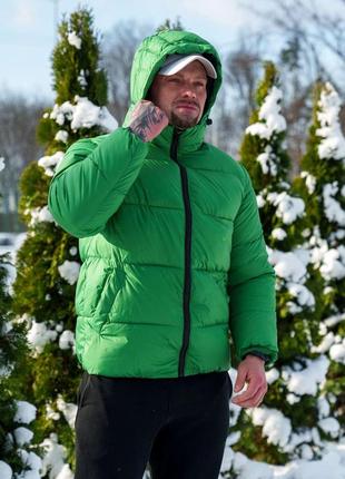 Мужская зимняя куртка оверсайз короткая зеленая до -25*с короткий пуховик с капюшоном (b)