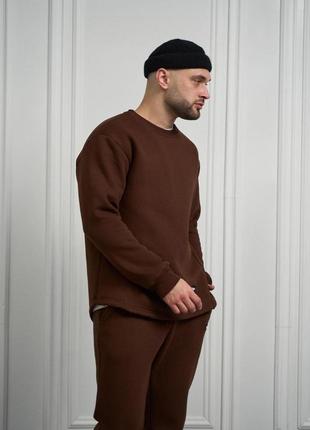 Чоловічий зимовий спортивний костюм коричневий без капюшона stout комплект світшот + штани на флісі (b)3 фото