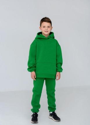 Детский флисовый спортивный костюм зимний зеленый комплект оверсайз худи + штаны на зиму (b)
