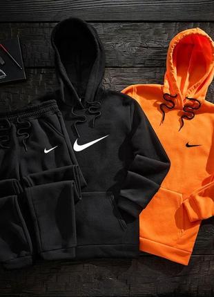 Мужской зимний спортивный костюм nike набор 3в1 худи + худи + штаны черный с оранжевым с капюшоном (b)