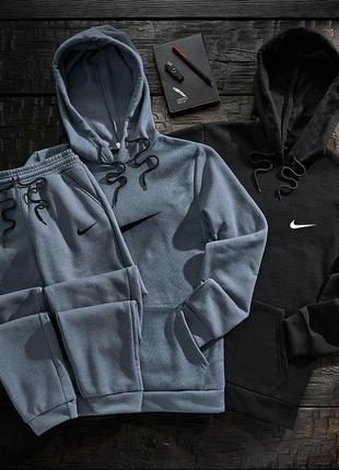 Зимовий чоловічий спортивний костюм nike набір 3в1 худі + худі + штани чорний з помаранчевим з капюшоном (b)5 фото